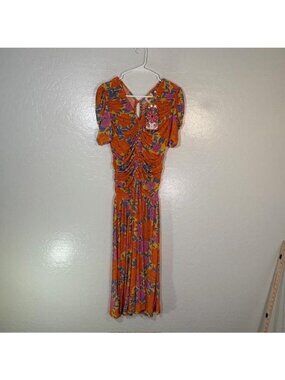 FARM For Anthropologie Dress Womens Small Orange Floral Ruched Puff Sleeve Midi